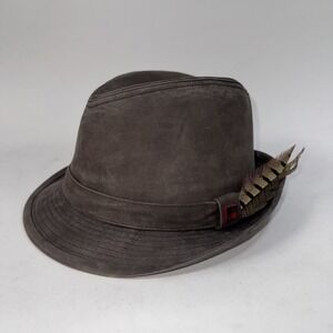 Vintage Woolrich Suede Leather Green Fedora Feather Hat Red Pin Men's M 7